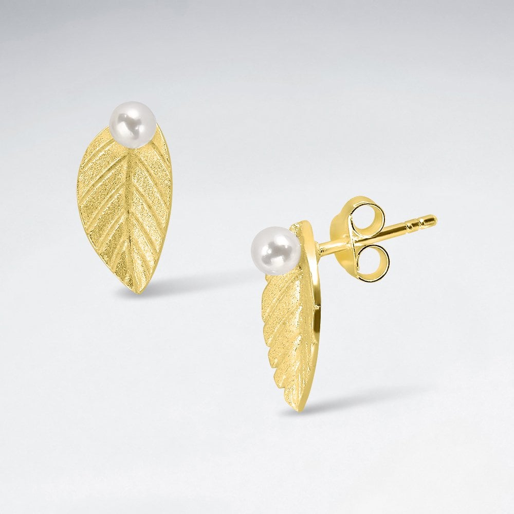 Sterling Silver Synthetic Pearl Leaf Earrings