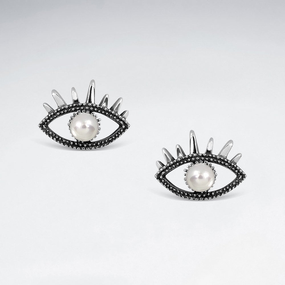 Sterling Silver Synthetic Pearl Evil Eye Earrings