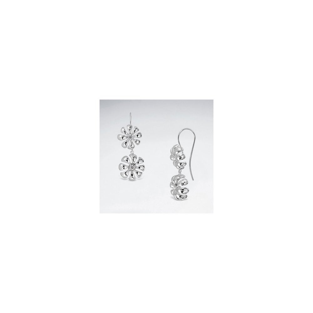 Sterling Silver CZ Double Flower Burst Hook Earrings