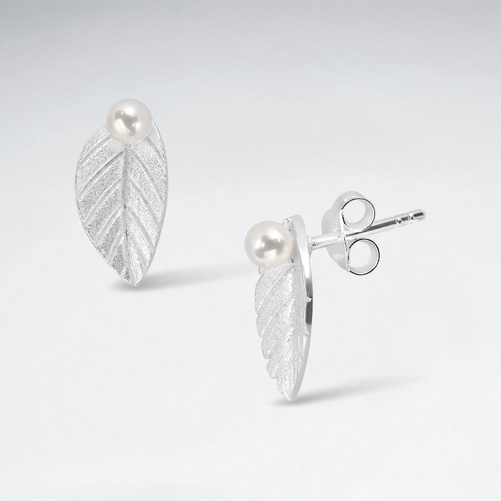 Sterling Silver Synthetic Pearl Leaf Earrings