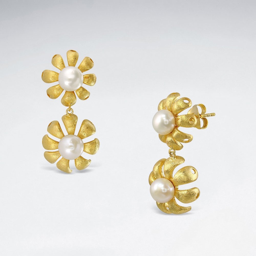 Sterling Silver Double Drop Flower Earrings With Pearl