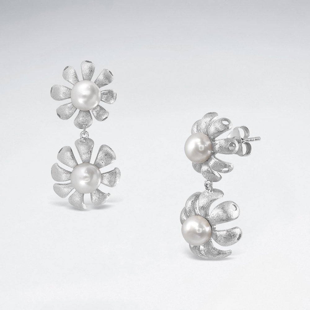 Sterling Silver Double Drop Flower Earrings With Pearl