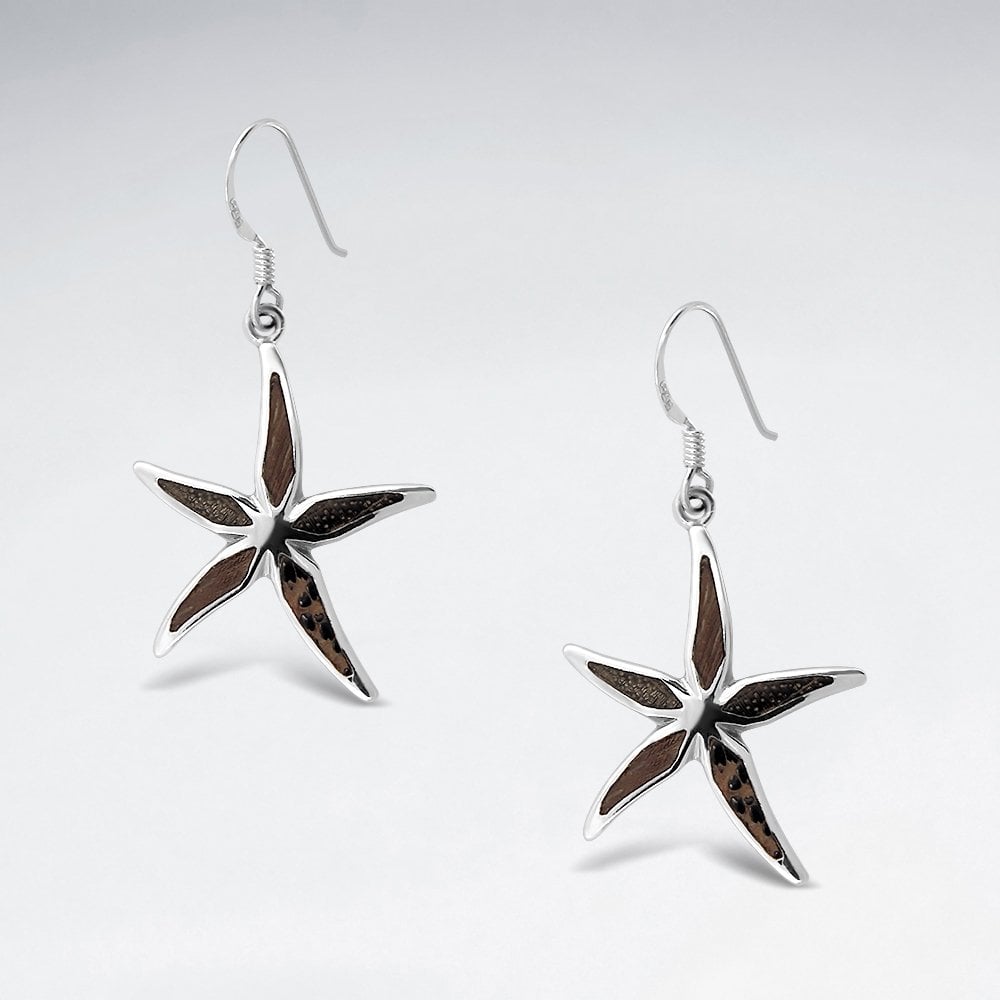 Starfish Black Wood Dangling Silver Earring