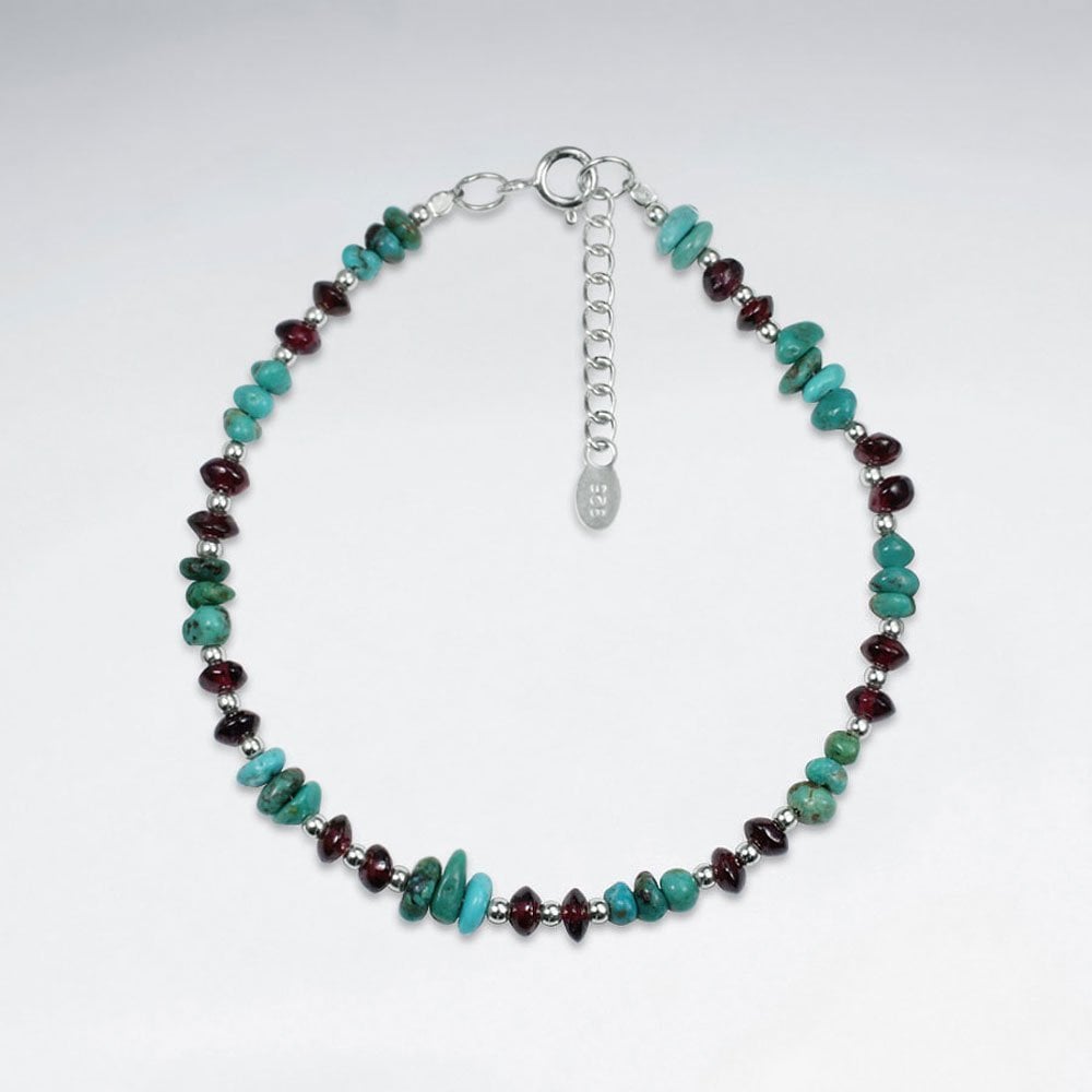 Turquoise And Garnet Silver Bracelet