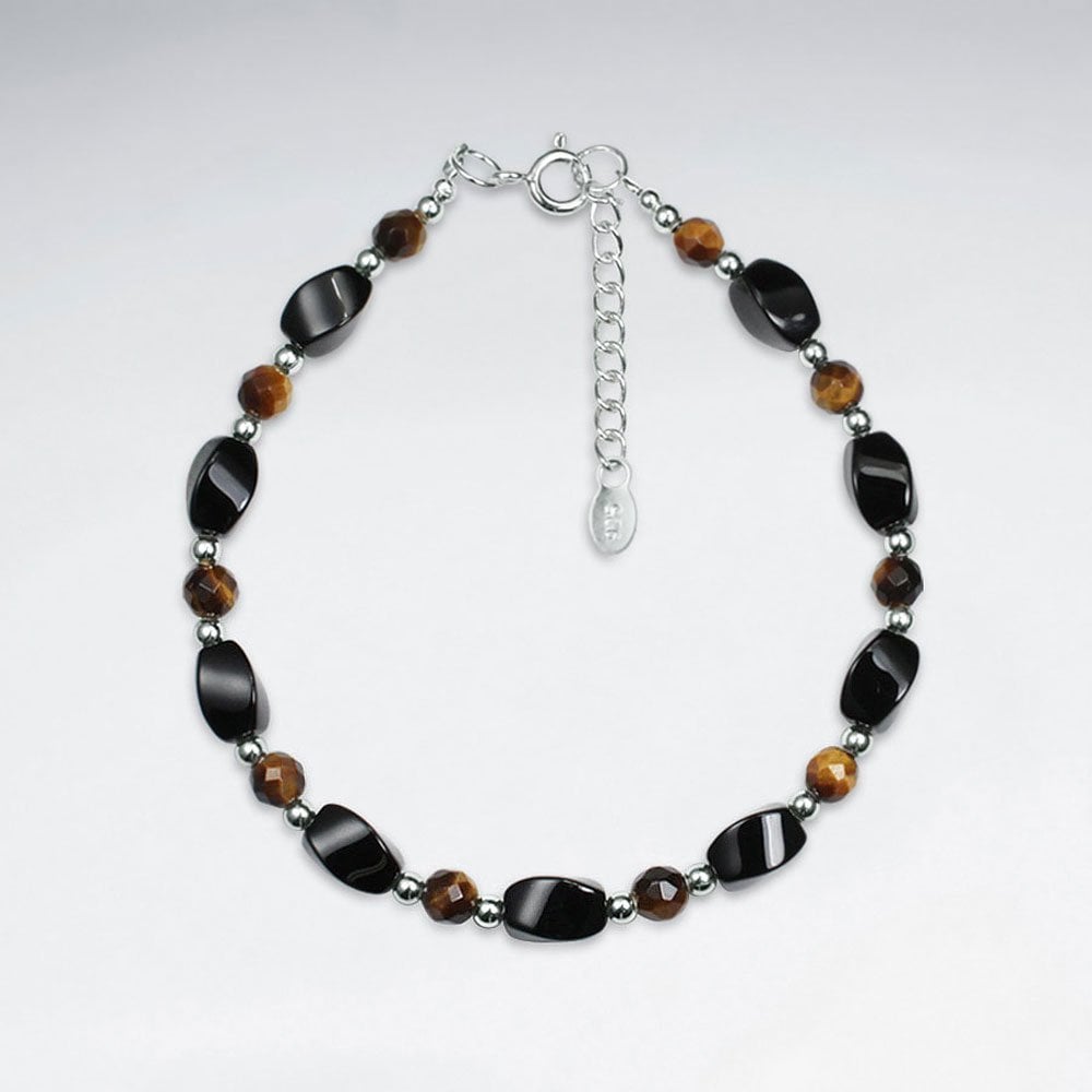 Twisted Black Stone And Tiger Eye Bracelet