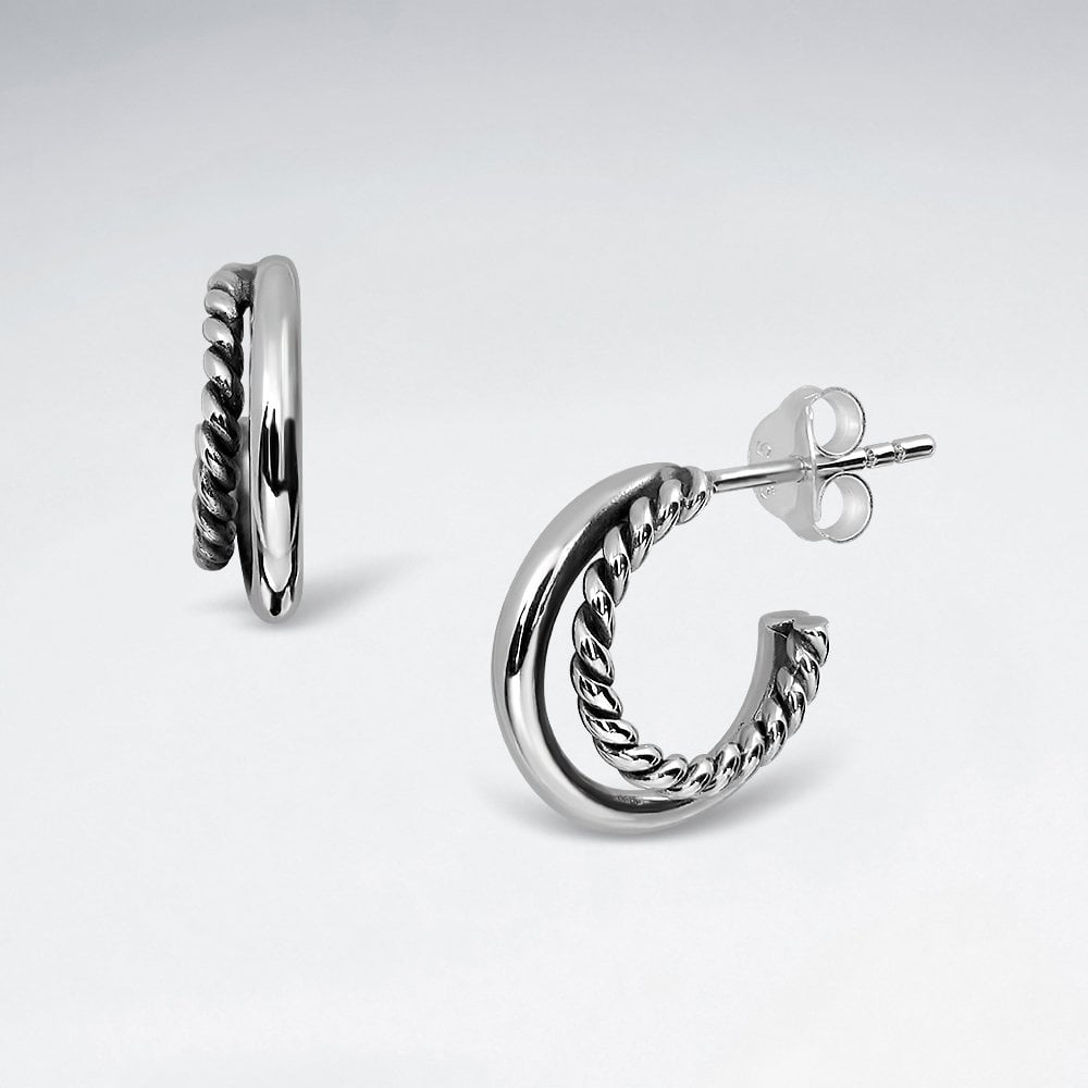 Sterling Silver Double Hoop Rope Stud Earrings