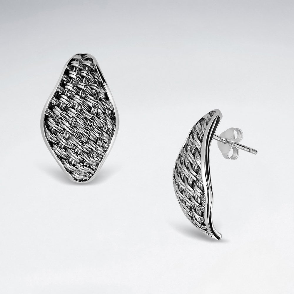 Sterling Silver Basket Weave Marquis Stud Earrings