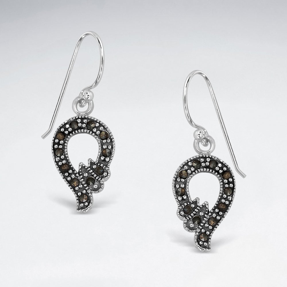 Sterling Silver Openwork Marcasite Hook Earrings