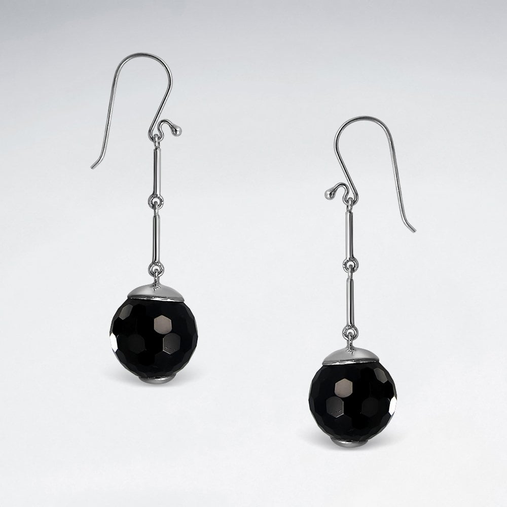 Sterling Silver Dangle Hook Black Stone Ball Earrings
