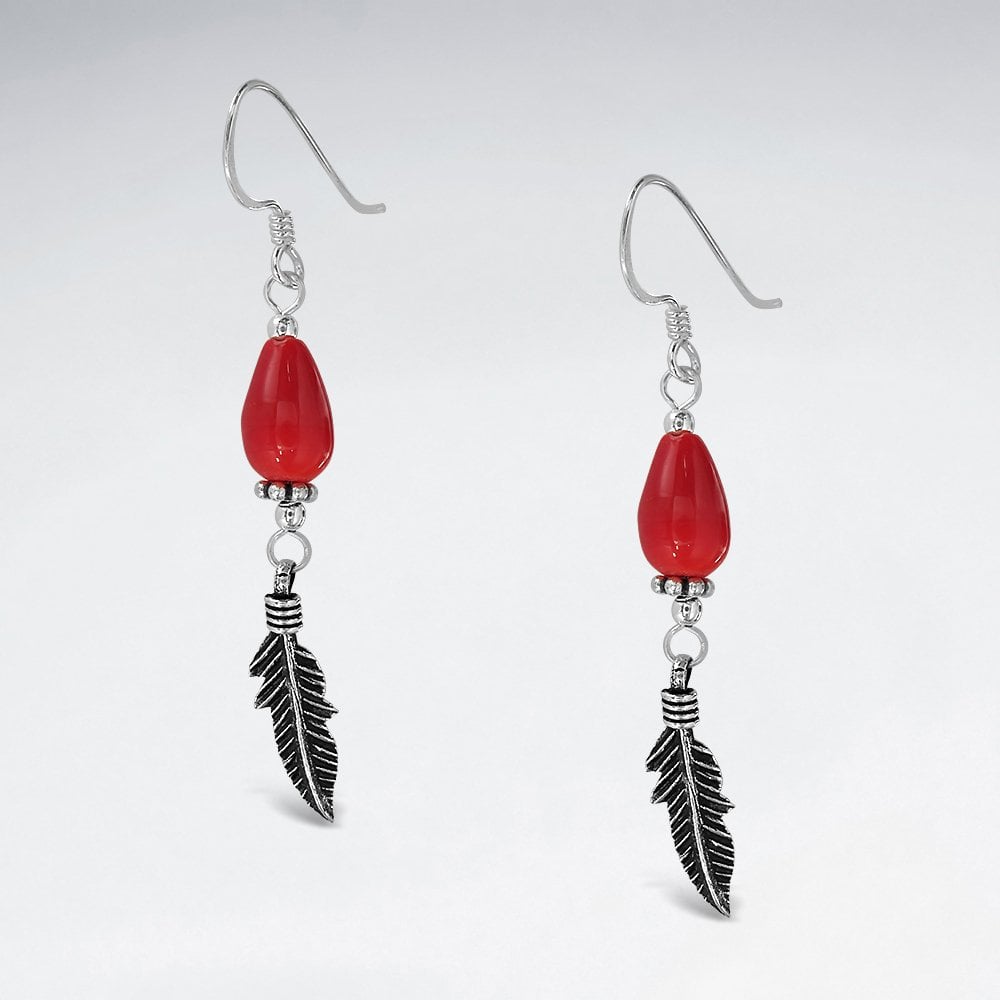 Sterling Silver Coral Feather Dangle Hook Earrings