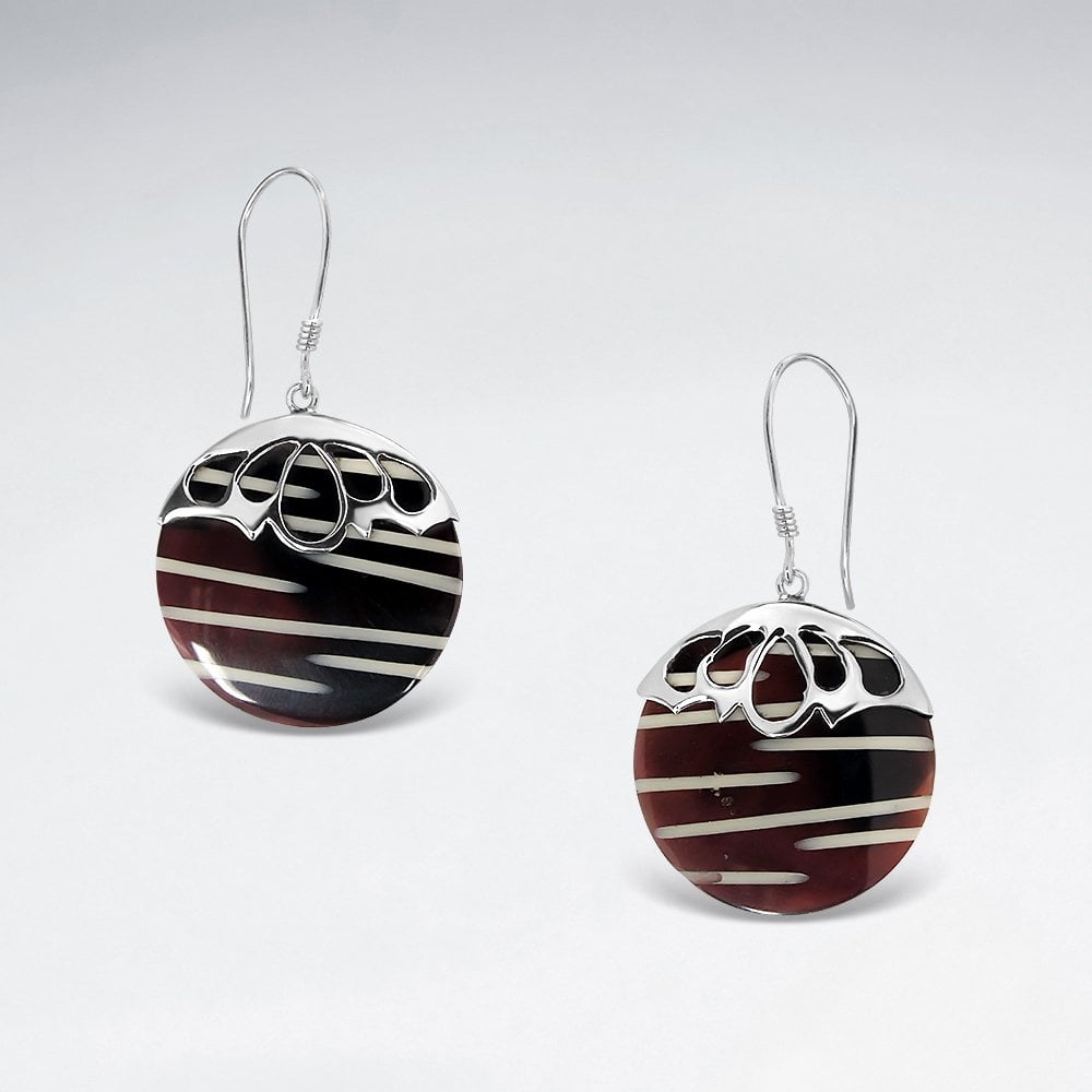 Sterling Silver Striped Circle Shell Hook Earringd