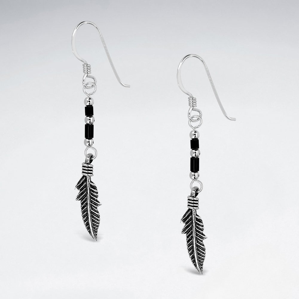 Sterling Silver Feather Gemstone Dangle Hook Earrings