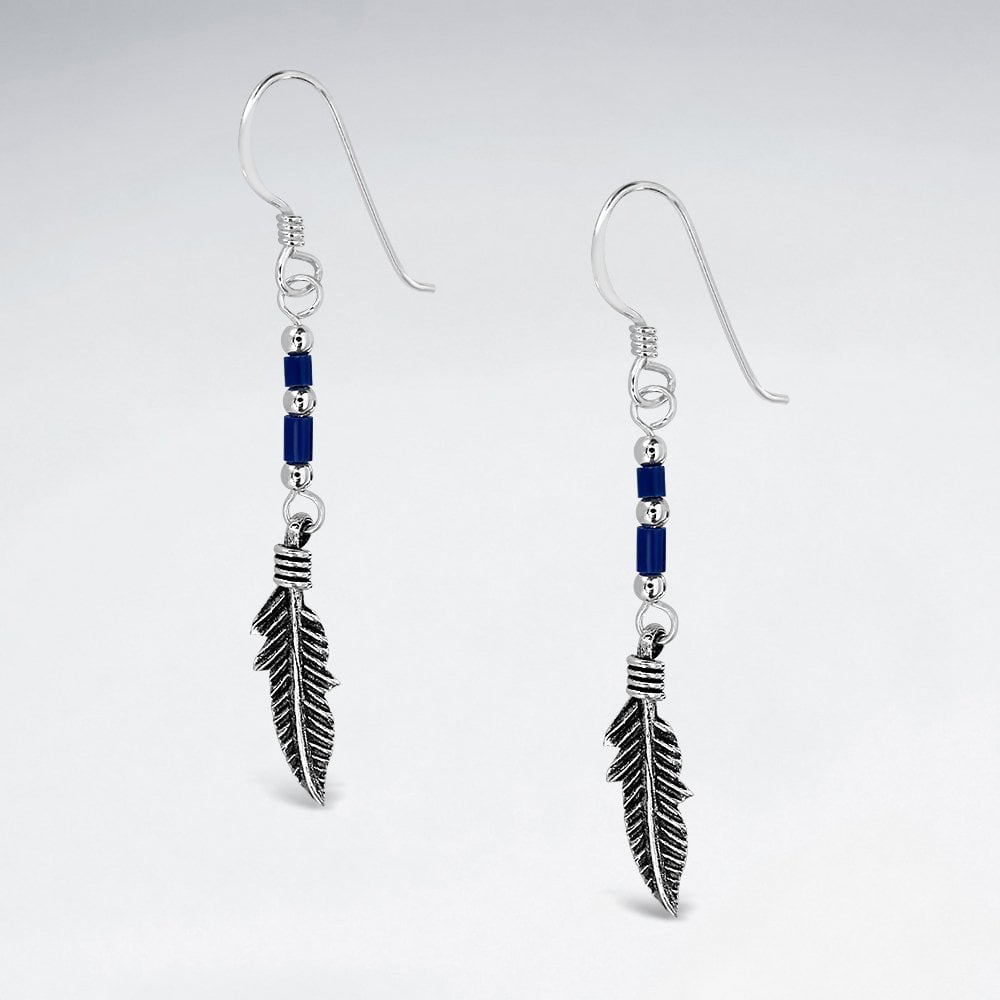 Sterling Silver Feather Gemstone Dangle Hook Earrings