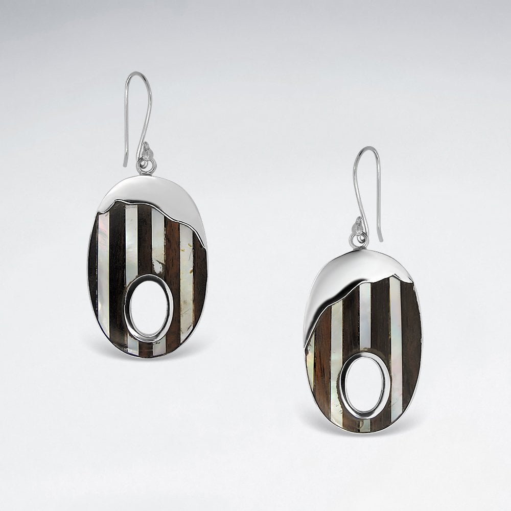 Silver Striped Mother of Pearl Oval Earrings