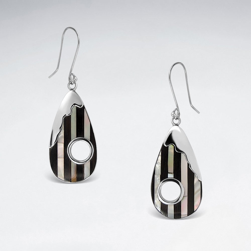 Silver Striped Mother of Pearl & Wood Teardrop Earrings