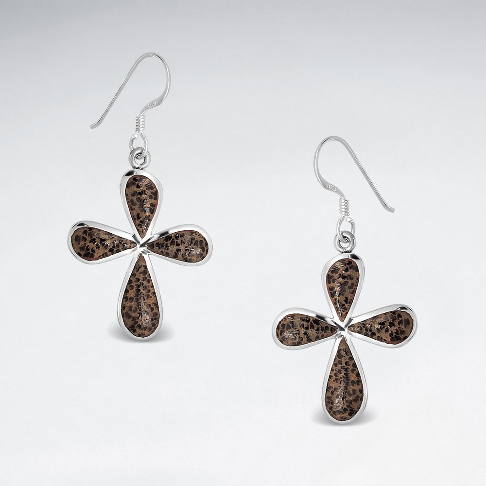 Sterling Silver Wooden Cross Hook Earrings