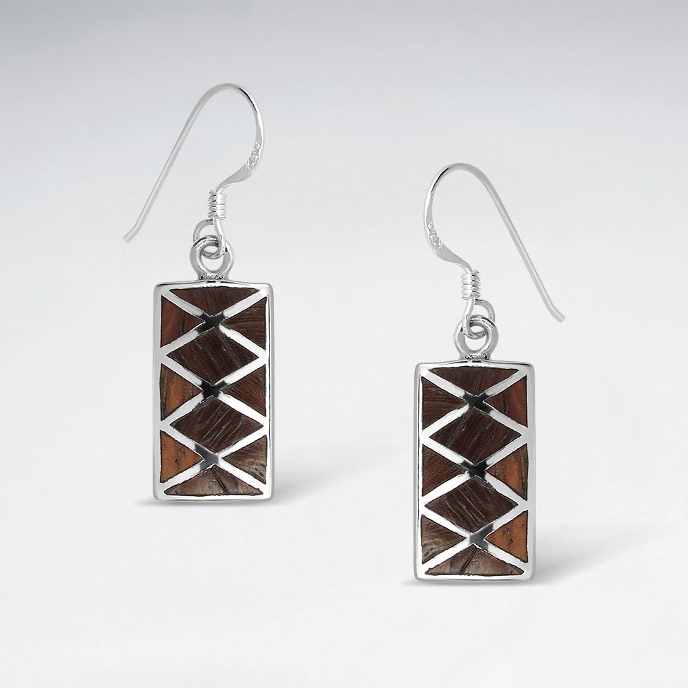 Rectangular Wood and Silver Lattice Earrings