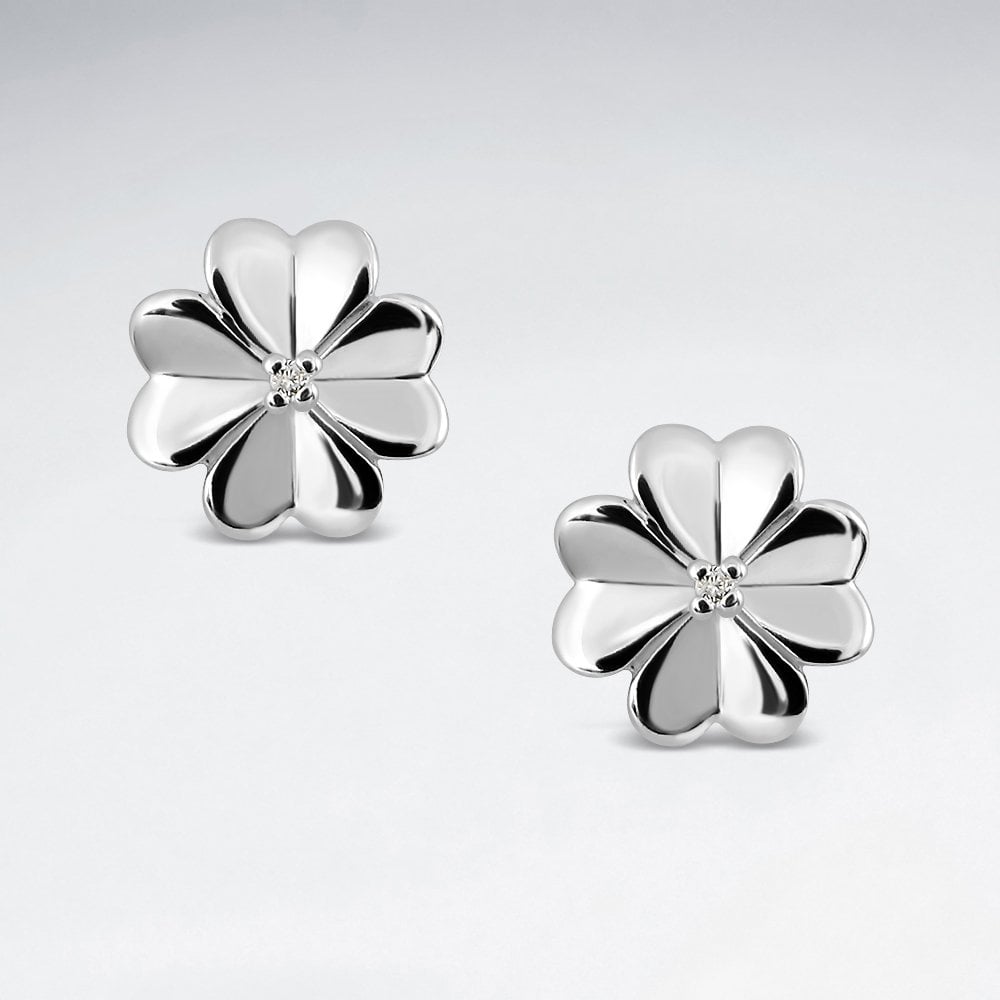 Sterling Silver Four Leaf Clover Crystal CZ Earrings