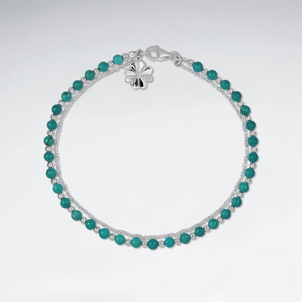 Sterling Silver Beaded Turquoise Clover Charm Bracelet