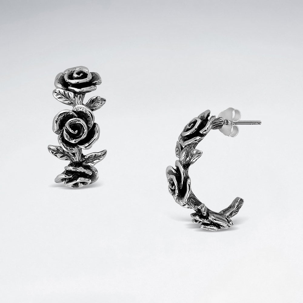 Sterling Silver Rose Hoop Stud Earrings