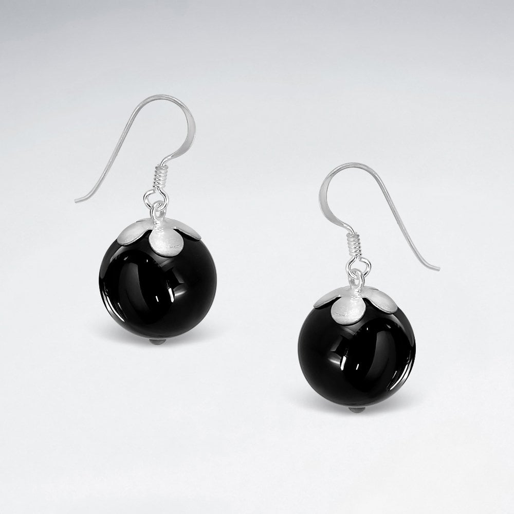 Sterling Silver Black Stone Ball Hook Earrings