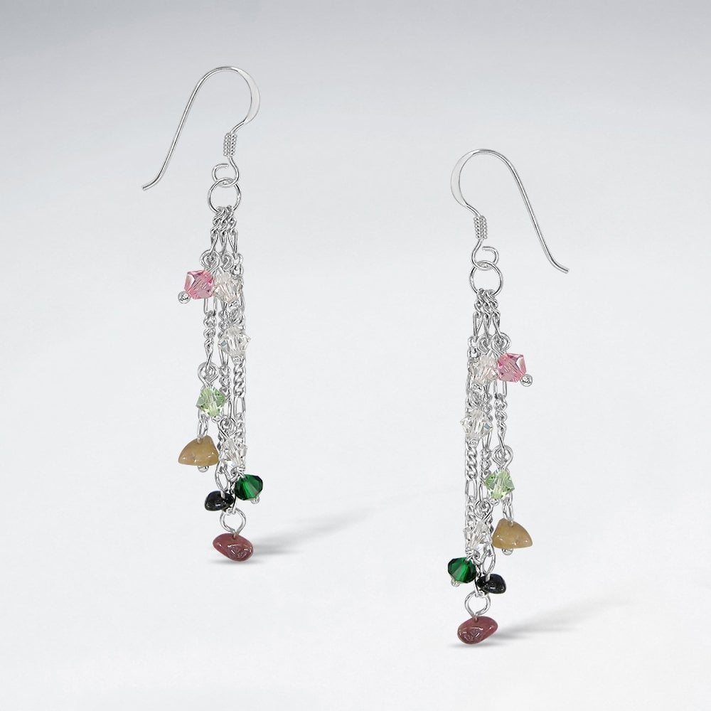 Silver Multi Strand Mixed Gemstone Dangle Earrings