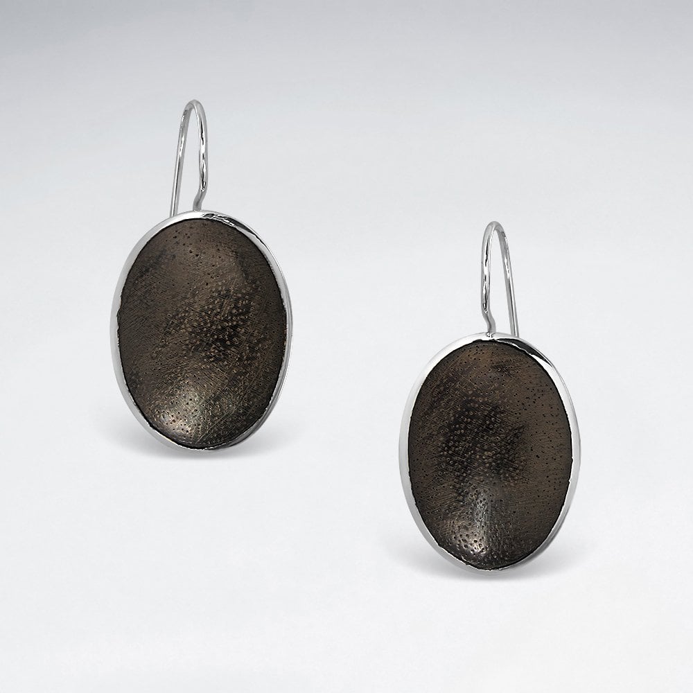 Sterling Silver Oval Wood Hook Earrings