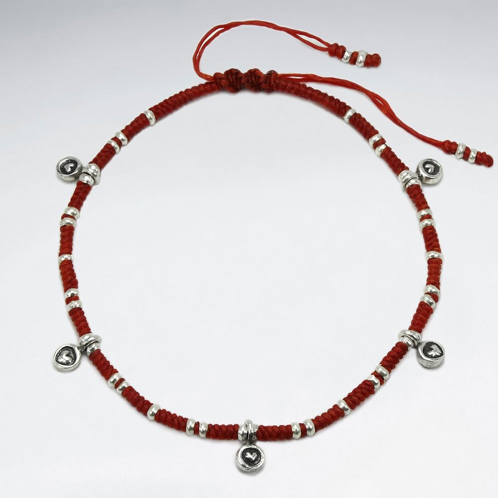 Waxed Cotton and Sterling Silver Heart Charm Anklet