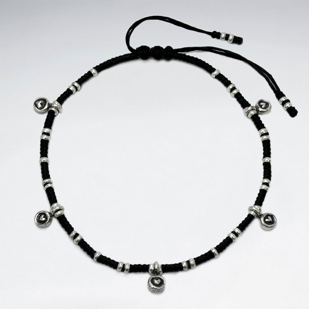 Waxed Cotton and Sterling Silver Heart Charm Anklet