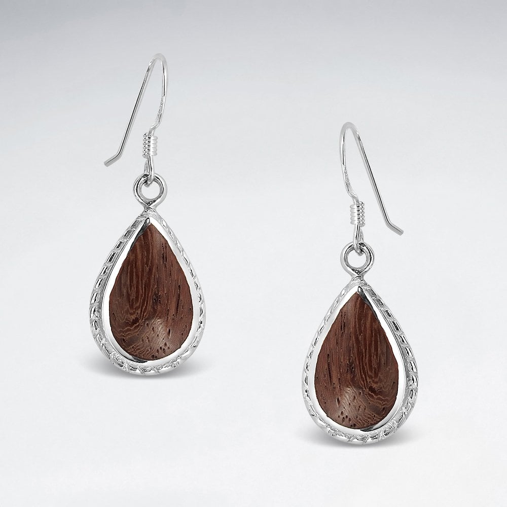 Sterling Silver Wooden Teardrop Earrings
