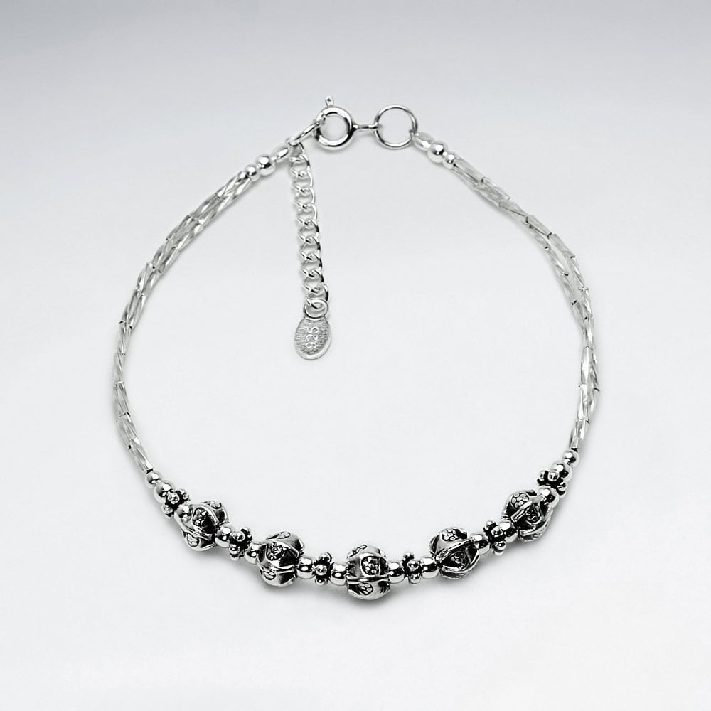 Thai Hand Made Silver Bracelet  Adjustable Chain Round Bead