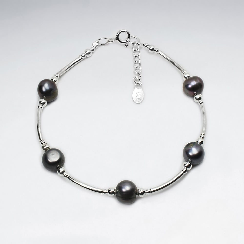 Black Pearl Sterling Silver Bead Bracelet