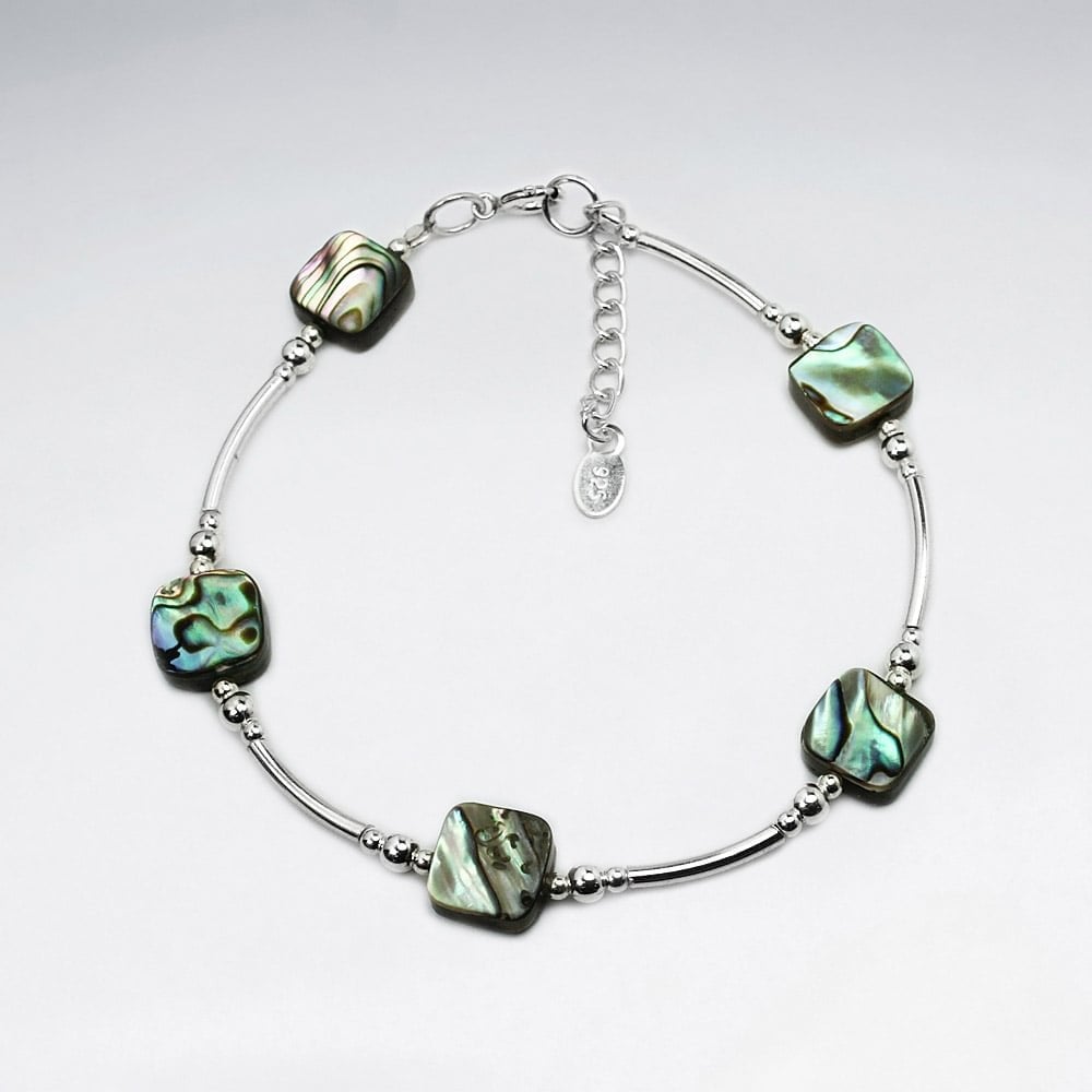 Abalone Square Stone & Sterling Silver Bead Bracelet