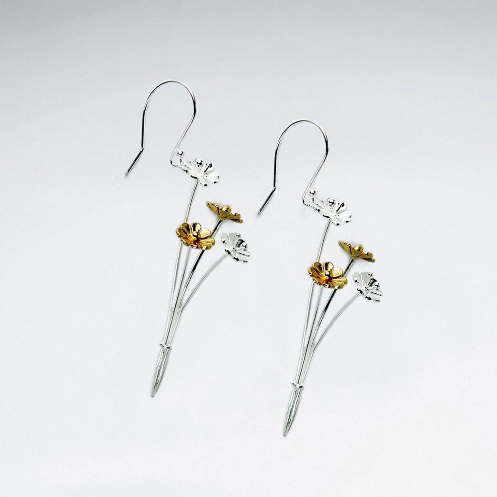 Silver Flower Sprig Drop Hook Earrings