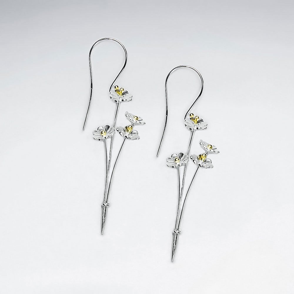 Silver Flower Sprig Drop Hook Earrings