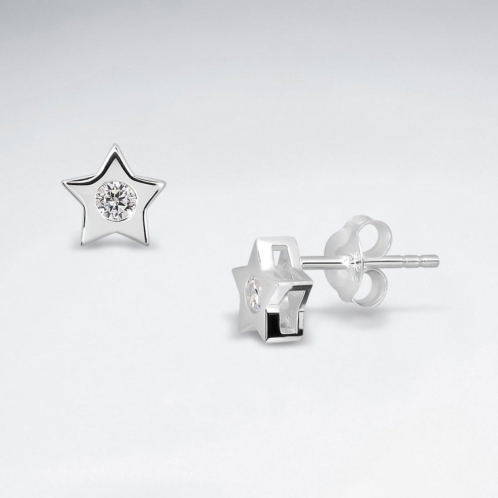 Sterling Silver CZ Star Stud Earrings