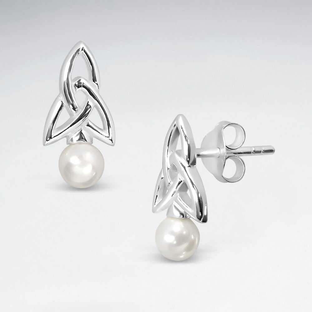 Sterling Silver Celtic Knot Synthetic Pearl Earrings