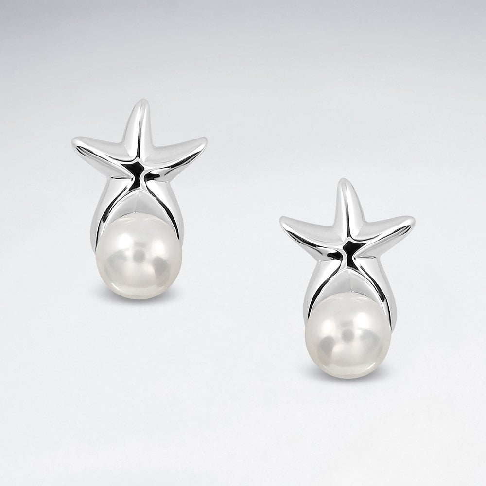 Sterling Silver Starfish Synthetic Pearl Stud Earrings