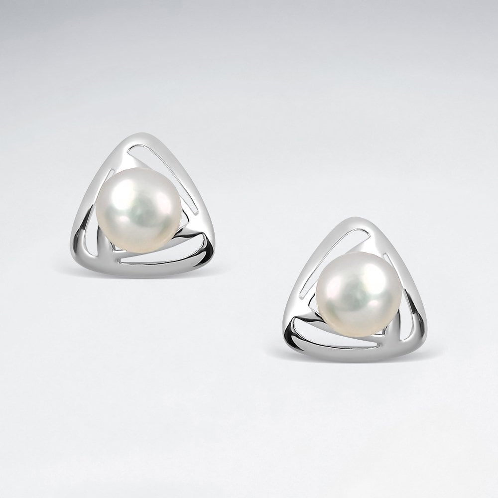 Sterling Silver Triangle Synthetic Pearl Stud Earrings