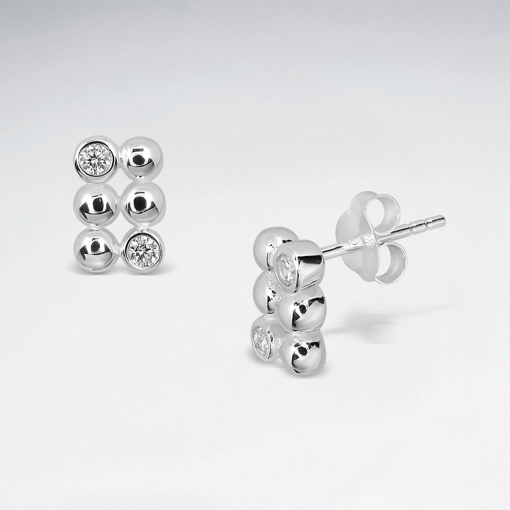 Sterling Silver CZ Rectangle Ball Stud Earrings