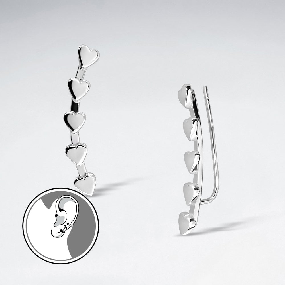 Sterling Silver Vertical Heart Ear Crawler Earrings