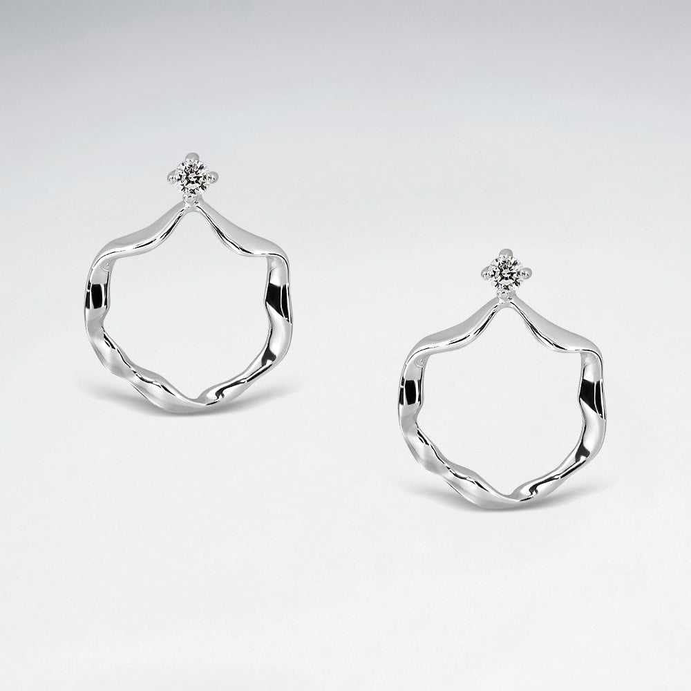 Sterling Silver CZ Rippled Hoop Stud Earrings