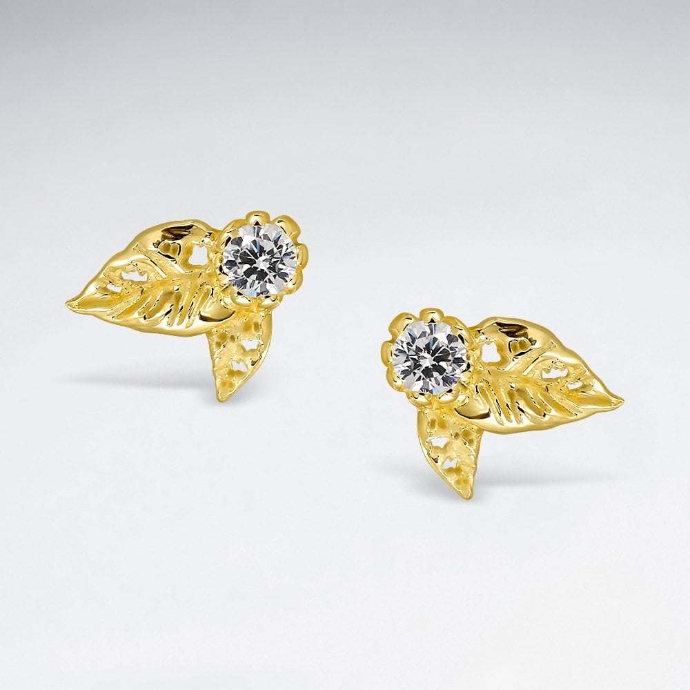 Sterling Silver CZ Flower Leaf Earrings