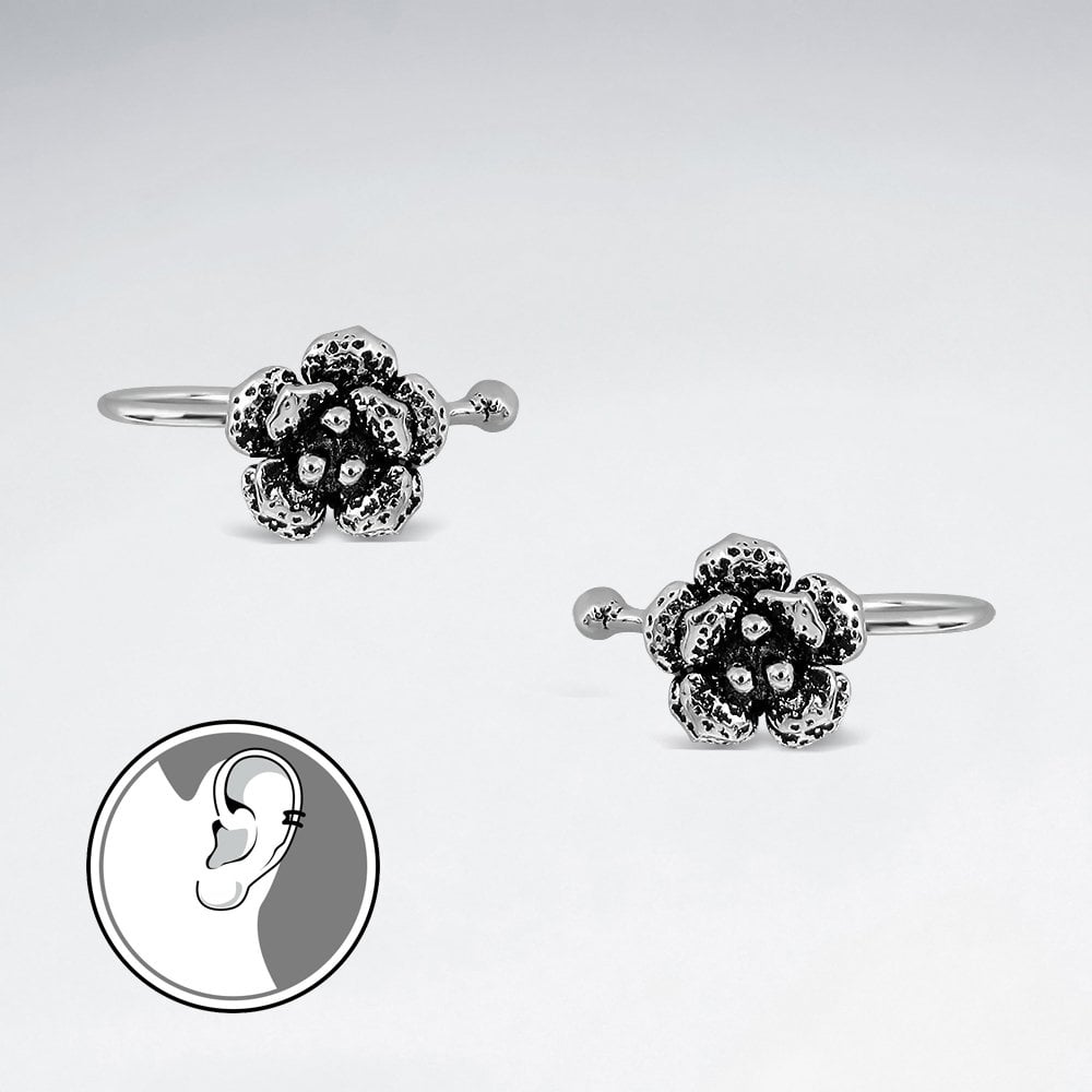 Textured Oxidized Silver Flower Ear cuffs