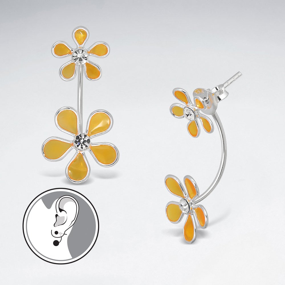 Double Blossom Sterling Silver and Enamel Flower Earrings
