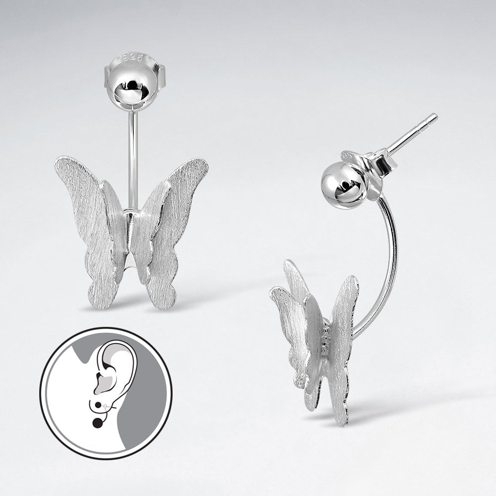 Matte Sterling Silver Dimensional Butterfly Stud Drop Earrings