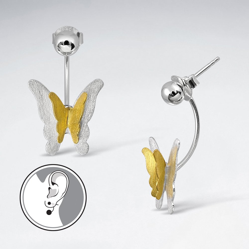 Matte Sterling Silver Dimensional Butterfly Stud Drop Earrings