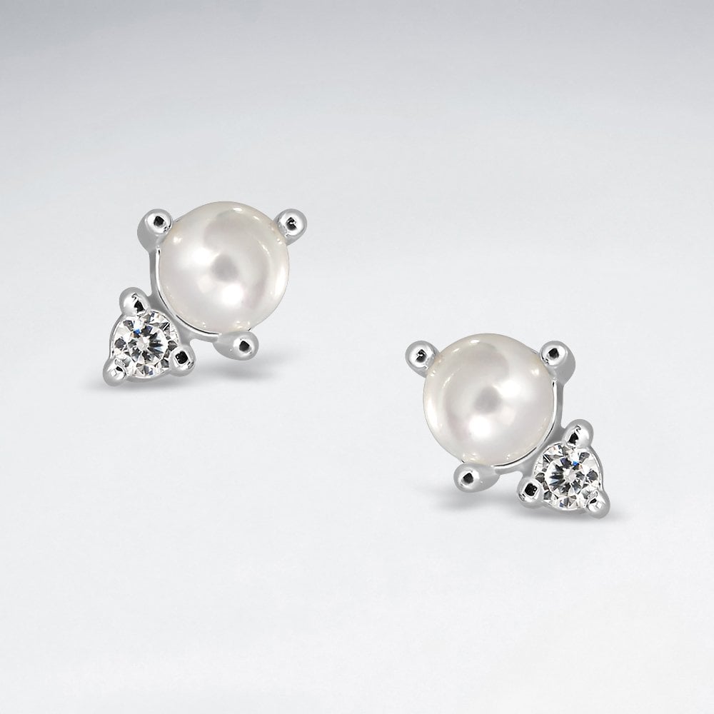 Sterling Silver Pearl and CZ Stud Earrings