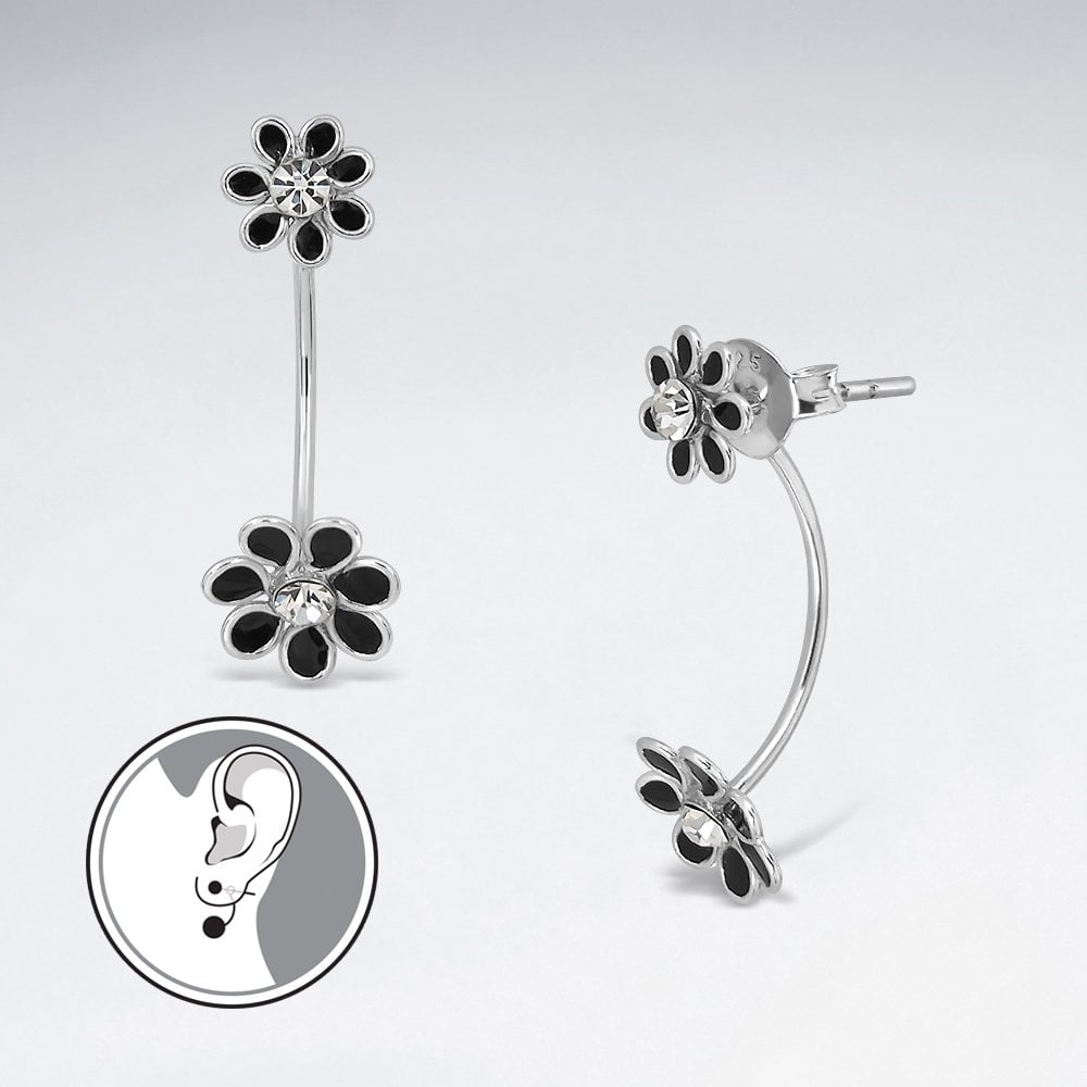 Glamorous Stud Enamel Silver Drop  Flower Earrings