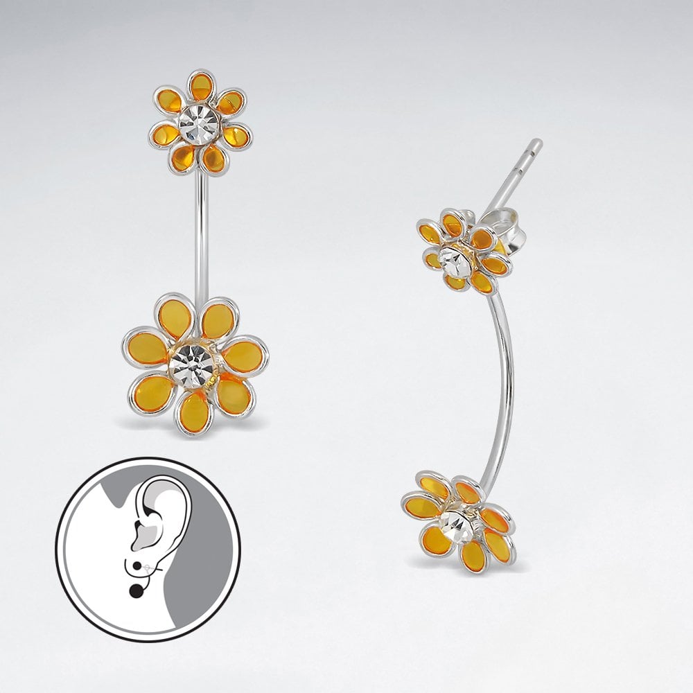 Glamorous Stud Enamel Silver Drop  Flower Earrings